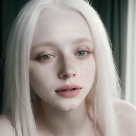 realistic, photo, albino, pale skin, freckles, white hair, 20 year old female, medium breasts, tiktok, beautiful, instagram