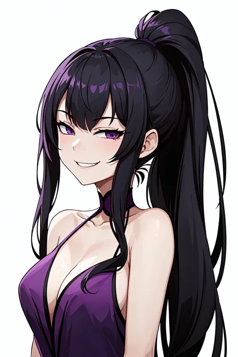 masterpiece, best quality, 1girl, face portrait of a girl, evil smile, half-closed eyes, high ponytail, long hair, bare shoulders, long purple dress, looking at viewer