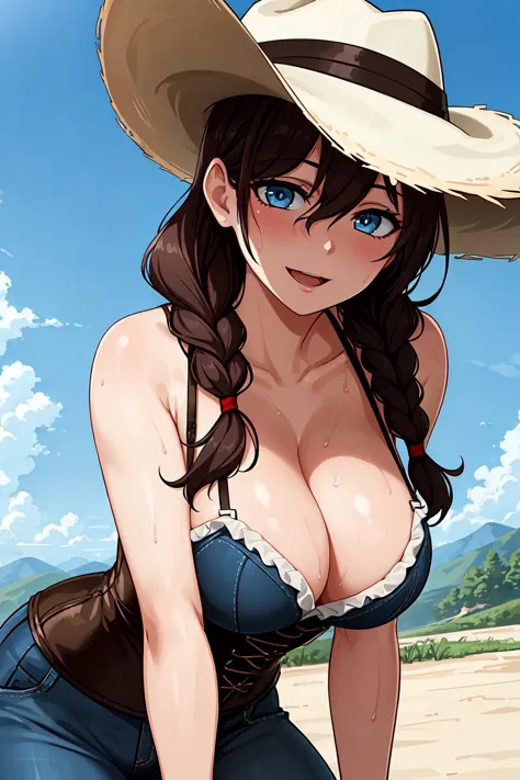 masterpiece, best quality, 1girl, face portrait of a girl, cowboy girl, cowboy hat, western style, cleavage, hot day, sunny, blue sky, sweaty body, western movie, wild west clothes, corset, braided hair, jeans, leather, looking into the distance, detailed ...