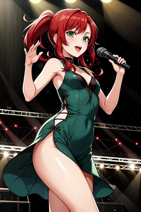 masterpiece, best quality, 1girl, picture of a girl on a stage, red hair, green eyes, dress, sleeveless, shining lights, fashion show, fun, spotlight, posing, petite body, microphone, concert, idol, star
