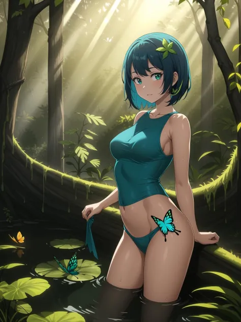 (masterpiece, best quality:1.1), 1girl, solo, outdoors, jungle, vines, plant, grass, tree, fern, leaf, moss, day, dappled sunlight, sunbeam, butterfly, bug, standing, contrapposto, adjusting clothes, teal hair, looking at viewer, water, pond