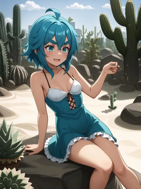 (masterpiece, best quality:1.2), 1girl, solo, medium breasts, turquoise eyes, looking away, leaning forward, crossed legs, frilled dress, medium hair, center-parted, ahoge, day, icy, frosty, snowing, outdoors, cactus garden, cacti, succulents, desert, sand...