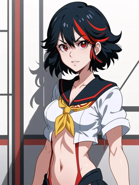 (masterpiece, best quality:1.2), 1girl, solo, (ryuko matoi:1.1), from kill la kill, fair skin, short black hair with a red tint, black and red sailor uniform, red eyes