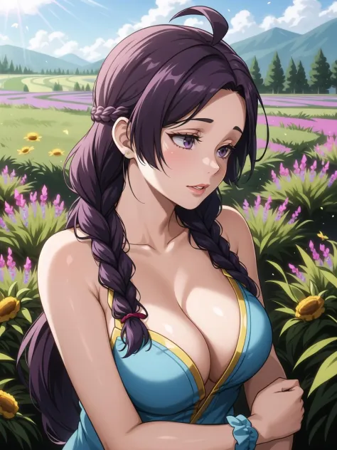 (masterpiece, best quality:1.1), 1girl, solo, medium breasts, taupe eyes, day, serene, tranquil, day, sunlight, looking away, outdoors, lavender field, flowers, purple, bees, fragrance, gentle breeze, buzzing bees, sweet scent, lavender buds, sprawling fie...