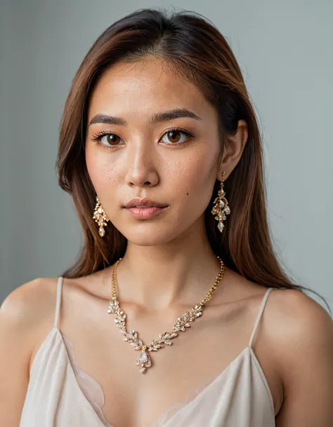 a woman wearing a necklace and earrings with a gold chain