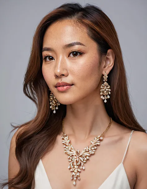 a woman wearing a white dress and gold necklace with pearls