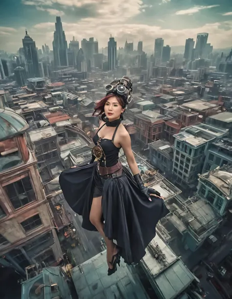 a woman in a black dress standing on top of a tall building