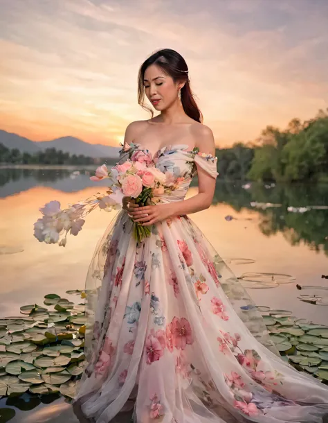 a woman in a floral dress standing on a dock with a bouquet of flowers