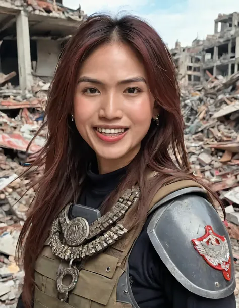 arafed woman in a military uniform standing in front of a destroyed building