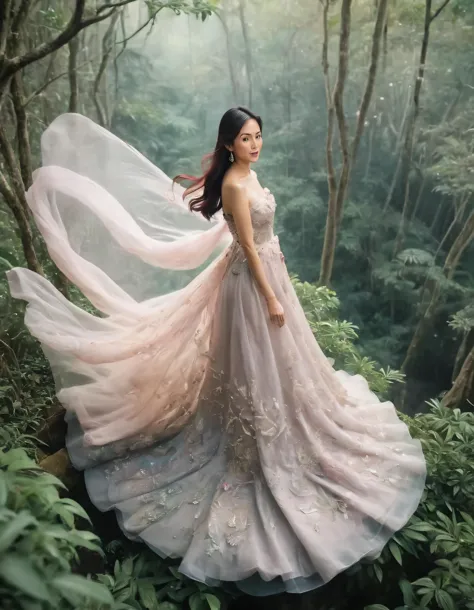 Within the fantastical realm of enchanted forests, Jasmin Tan's ethereal bird's-eye view captured a mystically attired woman clad in a resplendent gown, as she gracefully took confident steps forward, emanating timeless wisdom and wonderment that seemed to beckon all who beheld her enchanting presence. jazminetan <lora:iskzzl18f898efb6egb69:1>