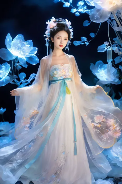 <lora:glowing:0.8>,1girl,(transparent dress:1.3),(glowing fluorescent effect),(surrounded by ice flowers:1.2),hanfu,, (masterpie...