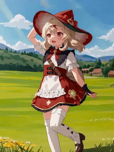 anime girl in a red hat and white dress walking in a field