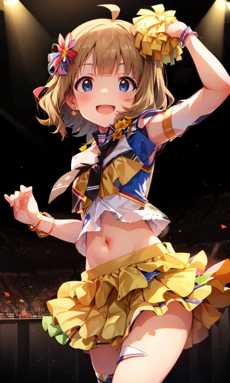 momoko suou (million live), (best quality, 8K, masterpiece, ultra detailed:1.2), dynamic pose, cinematic angle, cowboy shot, light particles, sparkle, beautiful detailed eyes, shiny skin, shiny hair, sunbeam, wide shot, depth of field, backlighting,
beautiful clouds, gradient sky, contrail, audience, on stage, stage light, screen,
1girl, solo, miniskirt, layered skirt, smile, cute, happy, big eyes, pleated skirt, short sleeves, navel, cheerleader, pom pom \(cheerleading\), collarbone, white hair flower, ribbon, bow, standing on one leg, earrings, armlet, bracelet, arm ribbon, necktie, thighhighs, outstretched arm, petals,