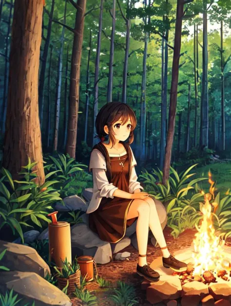 digital art, a girl sits on a rock next to fire, looking at campfire