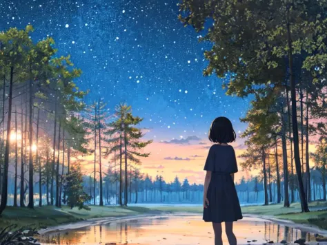 <lora:improve_backgrounds-10:1>,girl stands with her back to the viewer, (masterpiece:1.2, best quality:1.2), nature, stars, moo...