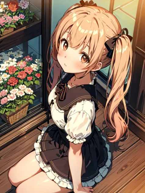 flower shop scene, from above, a girl, twintails, sitting dynamic pose, impressionism, illustration, complex background