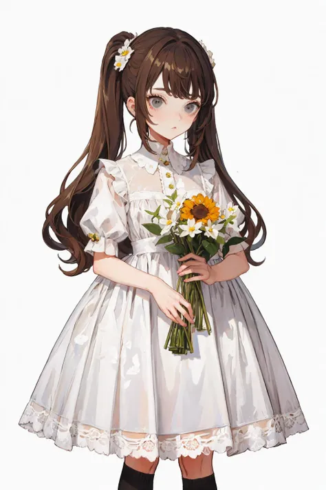 flower, dress, 1girls, brown hair, white dress, twintails, white background, socks, ponytail, long hair, simple background, bug, white flower, short sleeves, holding flower, holding, bangs, standing
<lora:karinn-000008:0.9>