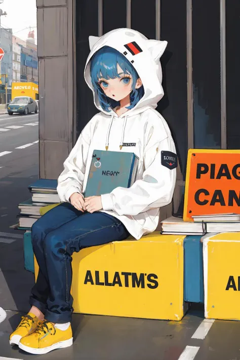 anime character sitting on a bench with a book and a sign