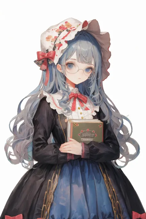 1girl, bonnet, dress, solo, long hair, white background, holding, book, simple background, holding book, long sleeves, blue eyes, frills, bow, glasses, blue dress, looking at viewer, bangs, frilled dress, standing, wavy hair, very long hair, floral print
<lora:karinn-000008:1>