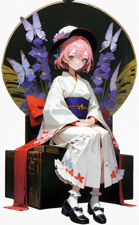 anime character sitting on a chair with a large round umbrella