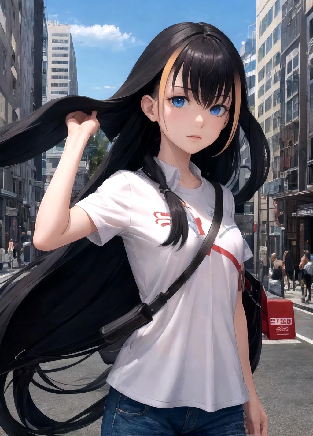 Anime girl with long black hair and blue eyes walking down the street -  SeaArt AI