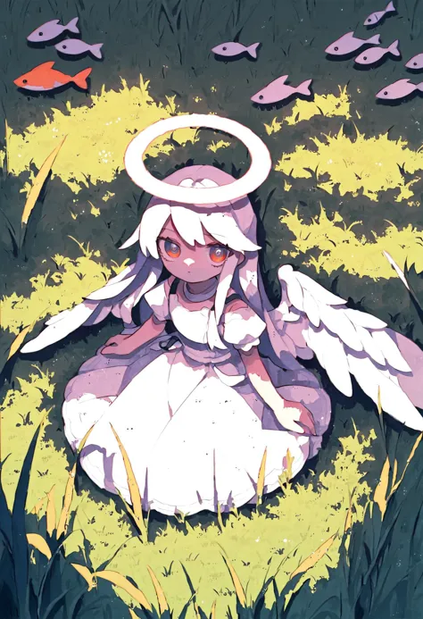 anime girl with angel wings sitting in the grass with fish