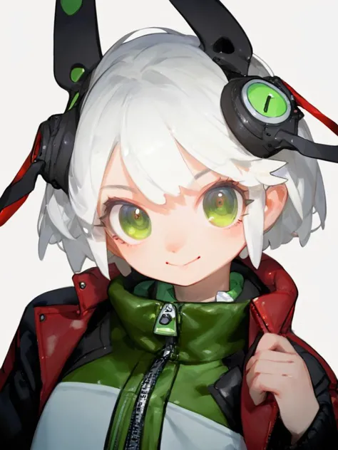 anime girl with green eyes and a red jacket