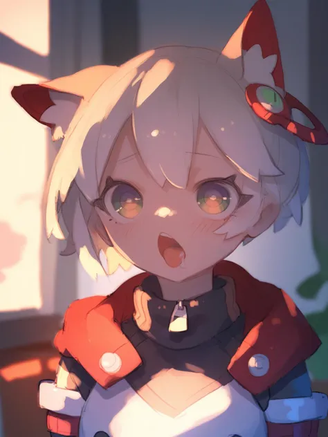 a close up of a person with a cat ears and a red jacket