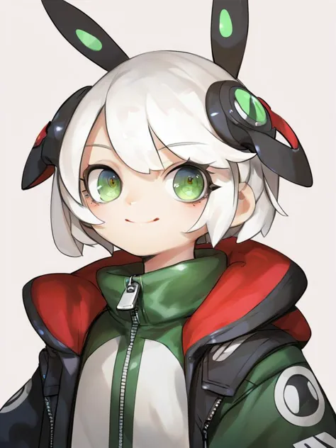 anime girl with green eyes and a red jacket