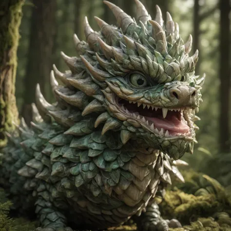 a close up of a toy dragon in a forest with trees