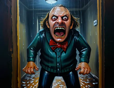 In the style of Slasher,âHeeeeeereâs Johnny!â (The Shining),skittering,Bones,Heavy rain, insanely detailed, rich deep moody colors, Vibrant Colours,  a masterpiece,  <lora:LojkinXL:0.8> oil paint, painting,