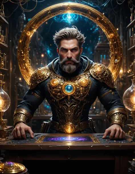 a man in a gold armor sits at a table with a glowing orb