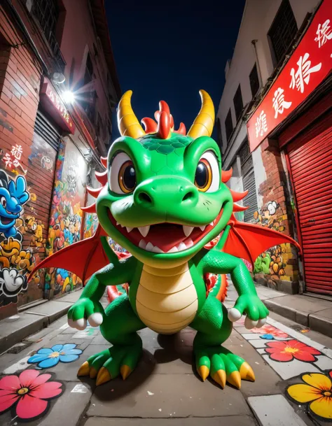 a close up of a green dragon statue on a city street