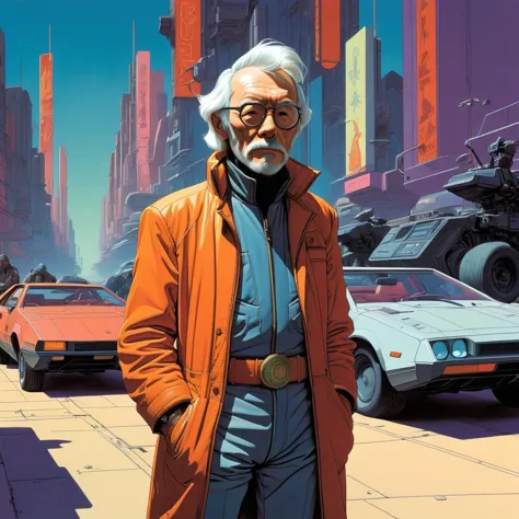 Futuristic rebel leader, cyberpunk backdrop, Syd Mead, Hayao Miyazaki, Jean Giraud (Moebius), Andy Warhol, evolving into a vivid narrative of rebellion and diversity, with a palette that speaks to unity in diversity, bold, dynamic <lora:xl_more_art-full_v1:1.2>