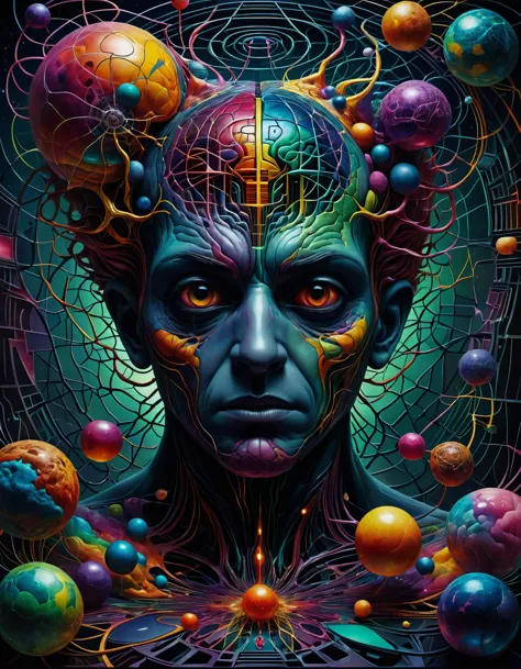 a painting of a man with a head full of spheres and a face with a brain