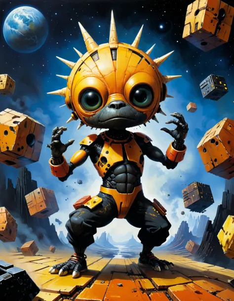 a painting of a small robot with a yellow face and a black body