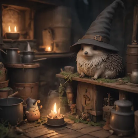 Tiny hedgehog, witch's cabin, forest edge, (f_stop 4.0), (focal_length 50mm), curious snout, bubbling cauldrons, shadowy figures, ancient spells, flickering candles, magical aura, cozy warmth