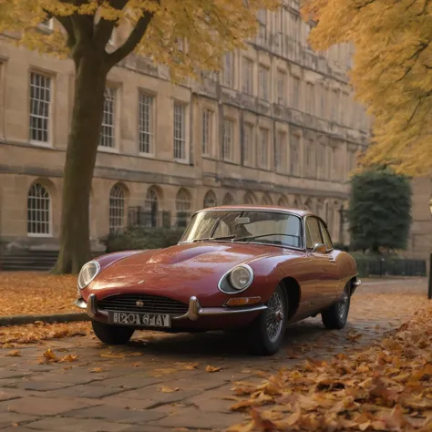 1960s Jaguar E-Type, Oxford University, England, (f_stop 2.8), (focal_length 85mm), timeless elegance, cobblestone streets, historic academic buildings, embodiment of British luxury and innovation, soft morning light filtering through ancient trees, vivid autumn leaves, 4k, uhd, hdr, detailed reflection on polished chrome, air of scholarly prestige