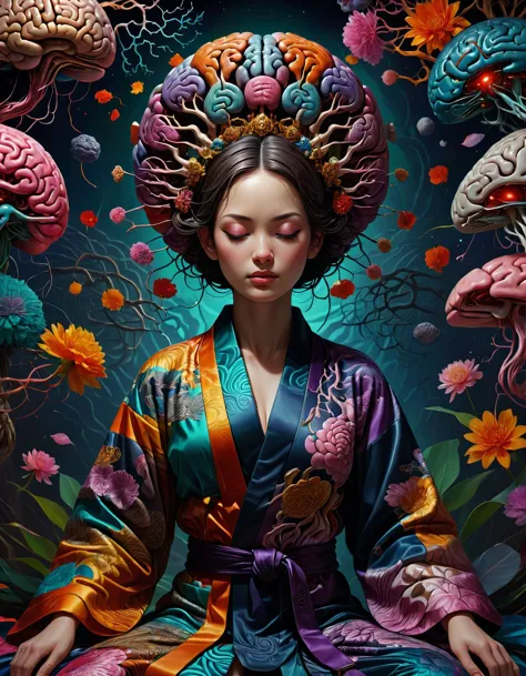 kimono robe, brain injury, psychiatric disorder, self-esteem, hierarchical processing, meditative,cognitive,curious, insanely detailed, rich deep moody colors, Vibrant Colours,  a masterpiece, _, <lora:SDXLFaeTastic2400:0.8>