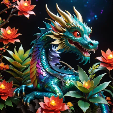 brightly colored dragon statue with flowers and leaves in front of a dark background