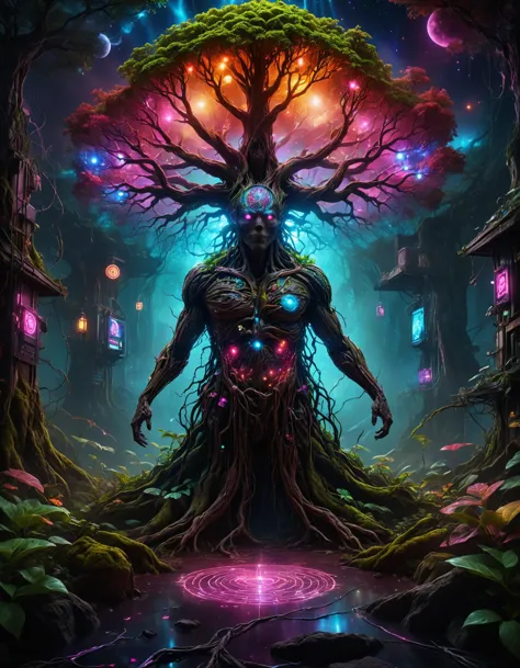 a digital painting of a tree with a man standing in front of it