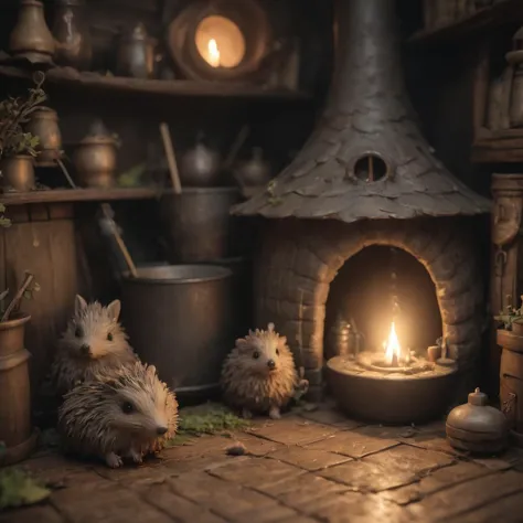 a close up of a fireplace with two hedgehogs near it