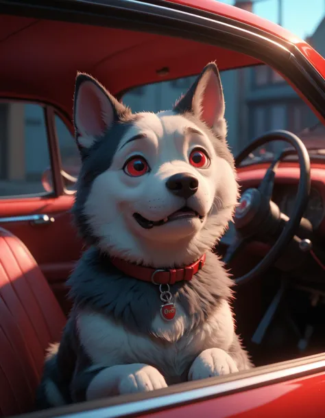 a close up of a dog sitting in a car with a red collar