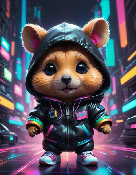 a cute baby Quokka with colourful tiny sneakers dressed in black mantle, made by Yoshitaka Amano, character design by Ross Tran, cgsociety, artstation trending, retrofuturism, retrowave, synthwave, outrun, portrait,  <lora:SDXLFaeTastic2400:0.8>