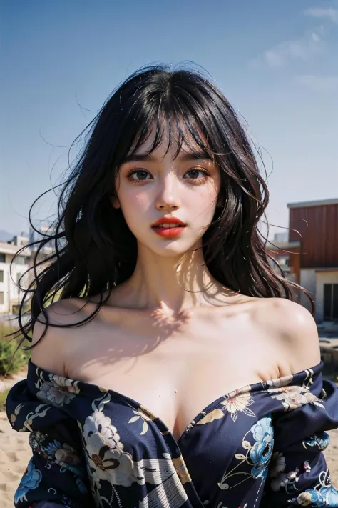 Best quality, masterpiece, ultra high res, raw photo, beautiful and aesthetic,deep shadow, dark theme,(photorealistic:1.4),
(1girl, long hair, laughing, (wind blowing hair, black hair with bangs), print shirt, small face, off shoulders), slim body, fit, cowboyshot, fashi-girl, Renhang, 
outdoors,