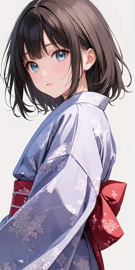 anime girl in kimono outfit with red bow and blue eyes