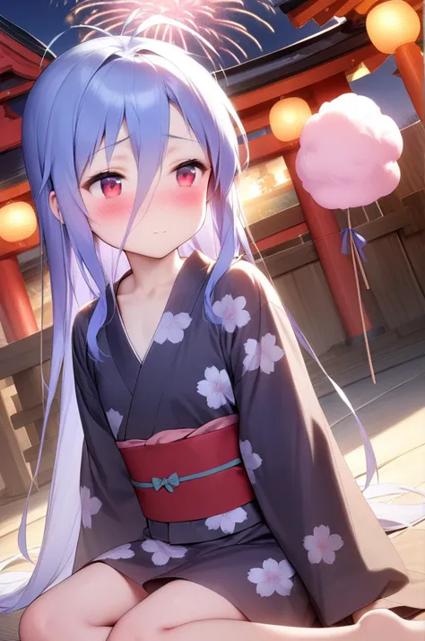 1girl,solo,petite,slender,night,cotton candy,paper lantans,shrine,fireworks,yomise, antenna hair,collarbone, blue hair,very long hair,very long bang between eyes, red eyes,jyojifuku,floral yukata,japanese clothes,crown,shy,dull,blush,cinematic angle,sitting <lora:better skin typeB-v1:0.7> <lora:XDetail_light:1> ,,masterpiece,best quality, very aesthetic, absurdres <lora:bai:0.7> <lora:yukata_XL_V1.0:0.7>