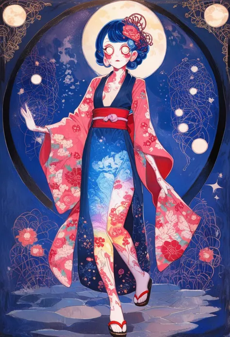 score_9, score_8_up, score_7_up, Expressiveh, ArsMJStyle, Art Nouveau,
jyojifuku, fluttering blue yukata, japanese clothes, flor...