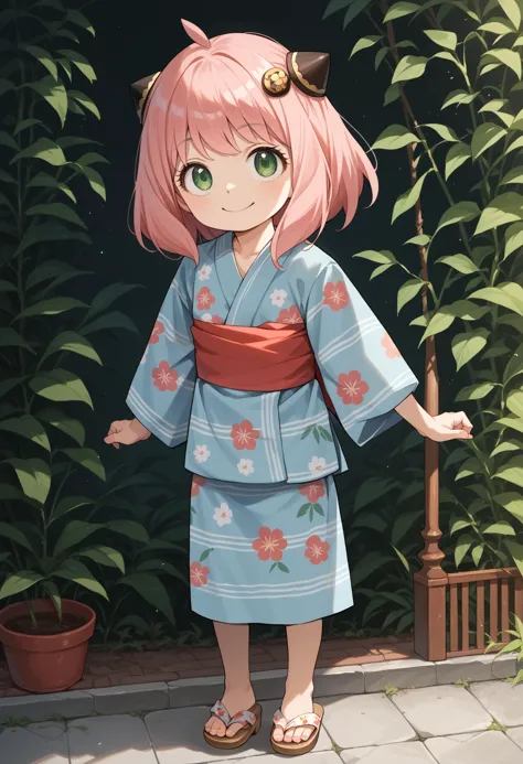 score_9,score_8_up,score_7_up, 
1girl, solo, Anya_(Spy_x_Family), <lora:Anya_Pony:0.8> green_eyes, pink_hair, medium_hair, ahoge, flat_chest, hairpods 
jyojifuku, yukata, japanese clothes, floral print,hair ornament,sandals, smile  <lora:yukata_pony_V1.0:0.8>