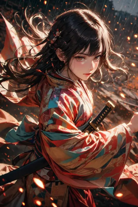 1girl,solo,japanese,idol face,kimono,long hair,looking at viewer,black hair,holding,weapon,female focus,outdoors,holding sword,w...